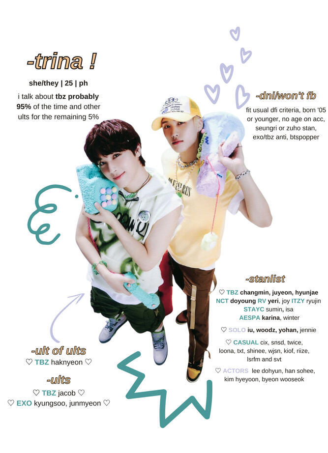 -trina ! she/they | 22 ('99) | ph i talk about tbz probably 95% of the time and my exo ults + yohan for the remaining 5%...-dni/won't fb if